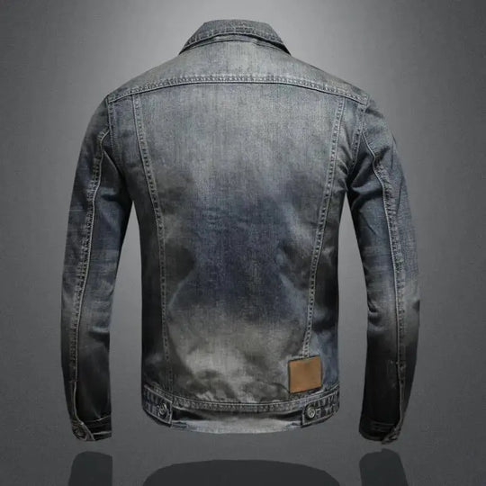 Faded Denim Jacket with Shoulder Epaulettes and Textured Grain – Men’s Fit Azzoria