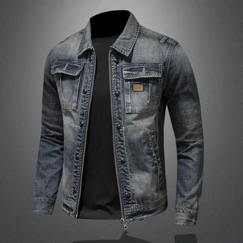 Faded Denim Jacket with Shoulder Epaulettes and Textured Grain – Men’s Fit Azzoria