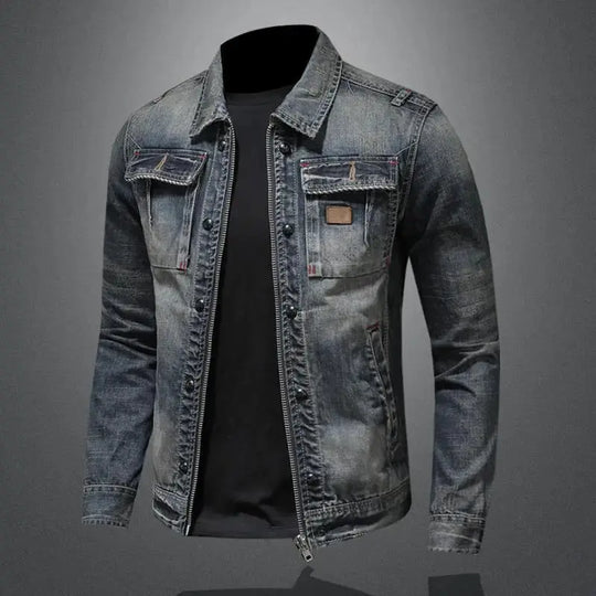 Faded Denim Jacket with Shoulder Epaulettes and Textured Grain – Men’s Fit Azzoria