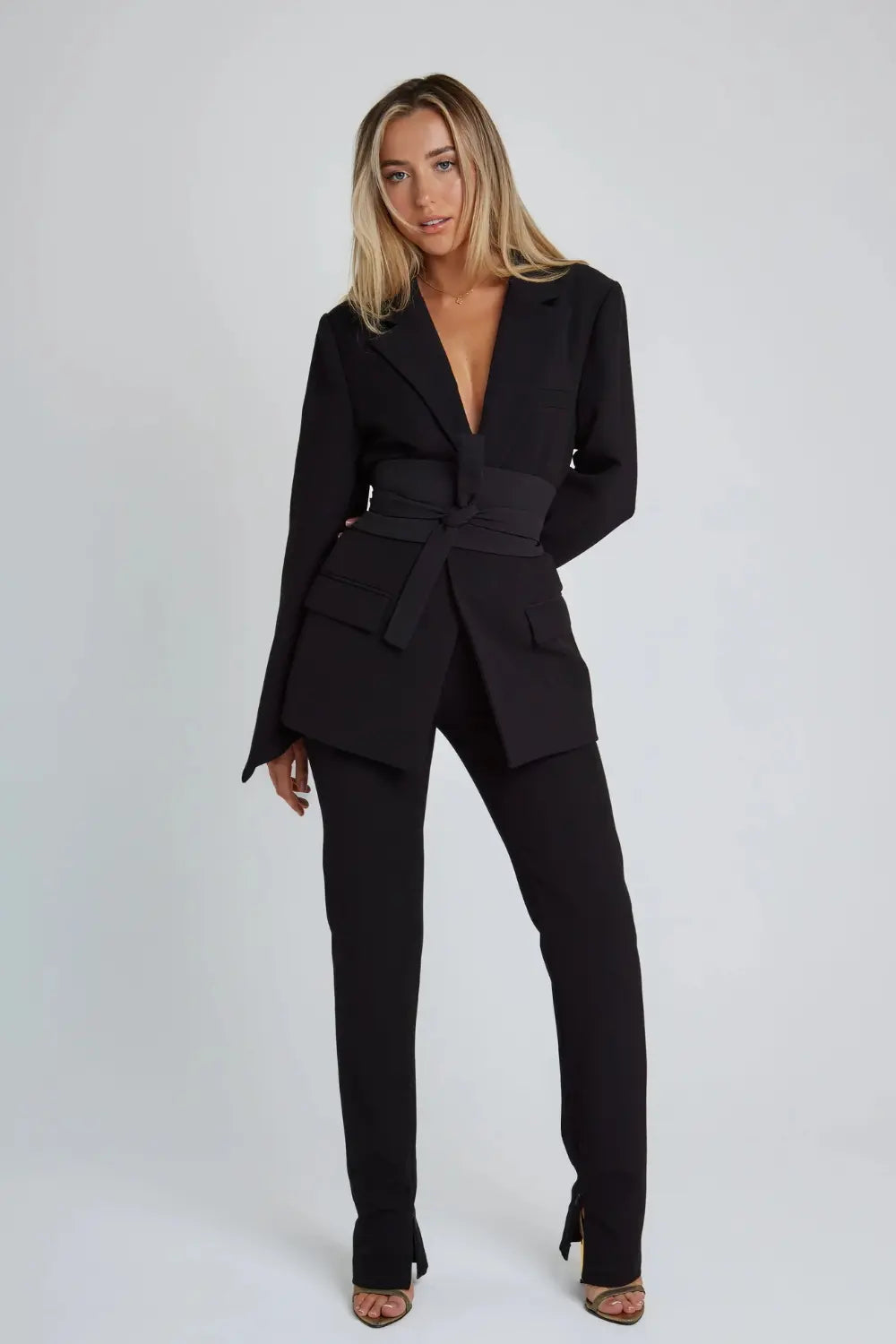 Belted Long Sleeve Blazer for Women Azzoria