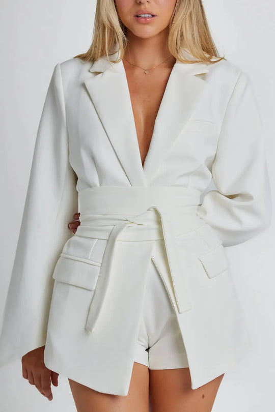 Belted Long Sleeve Blazer for Women Azzoria