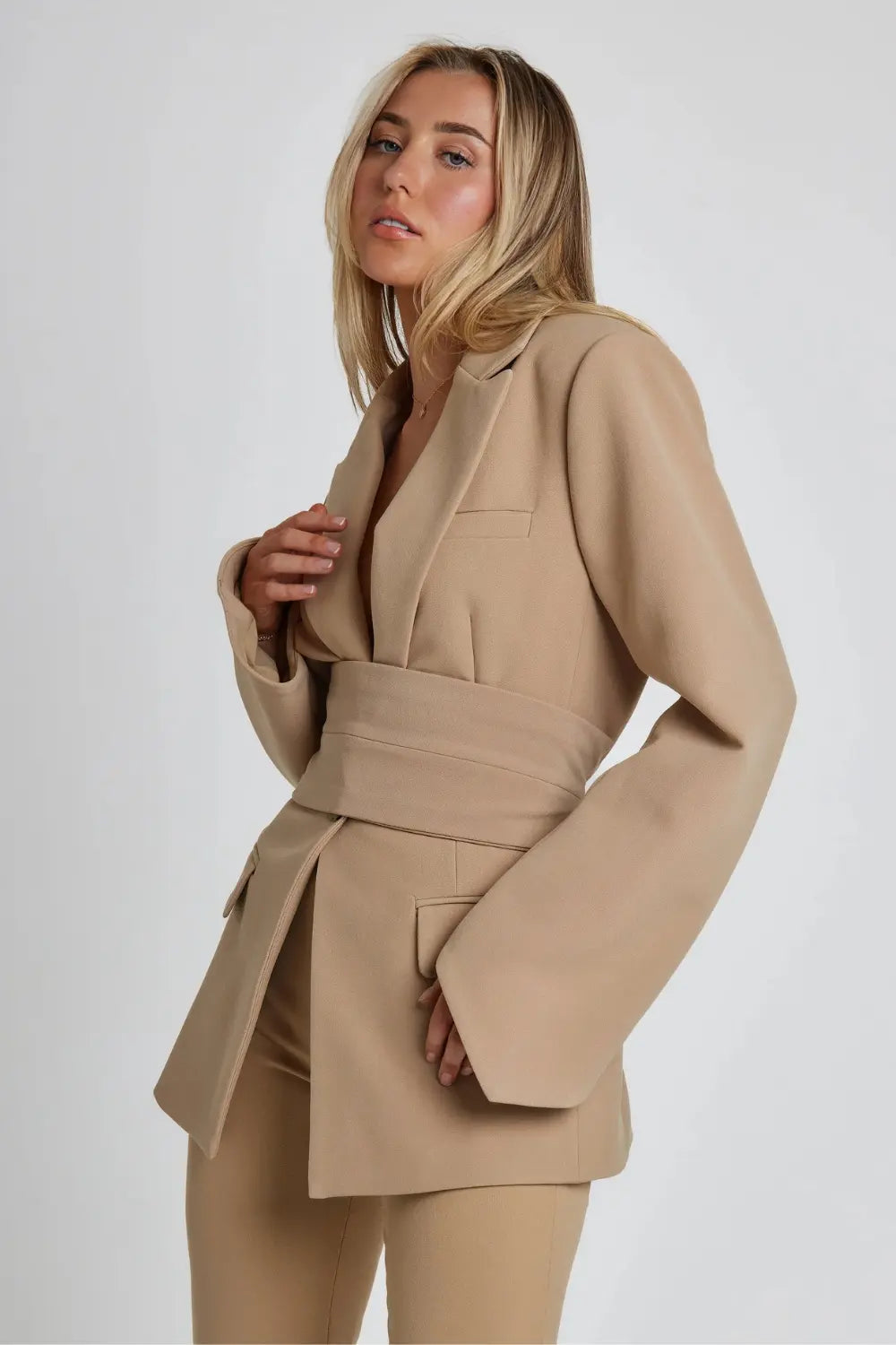 Belted Long Sleeve Blazer for Women Azzoria
