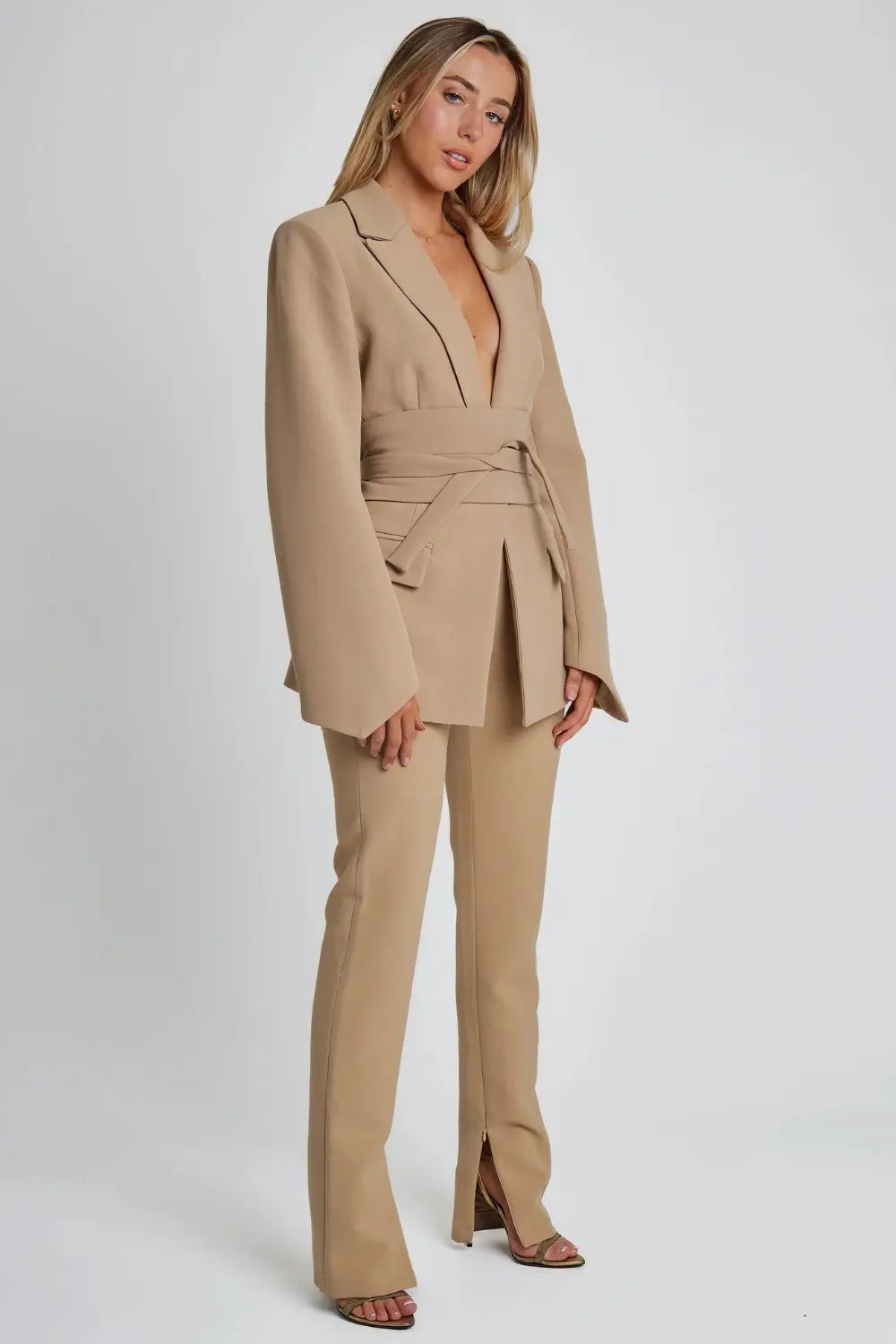 Belted Long Sleeve Blazer for Women Azzoria