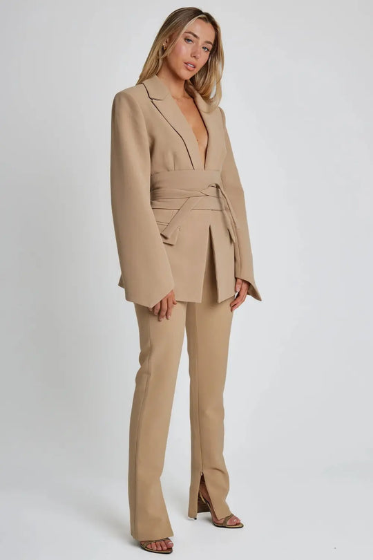 Belted Long Sleeve Blazer for Women Azzoria