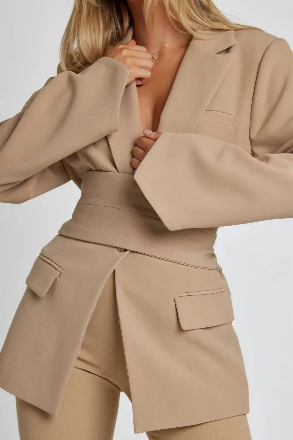 Belted Long Sleeve Blazer for Women Azzoria