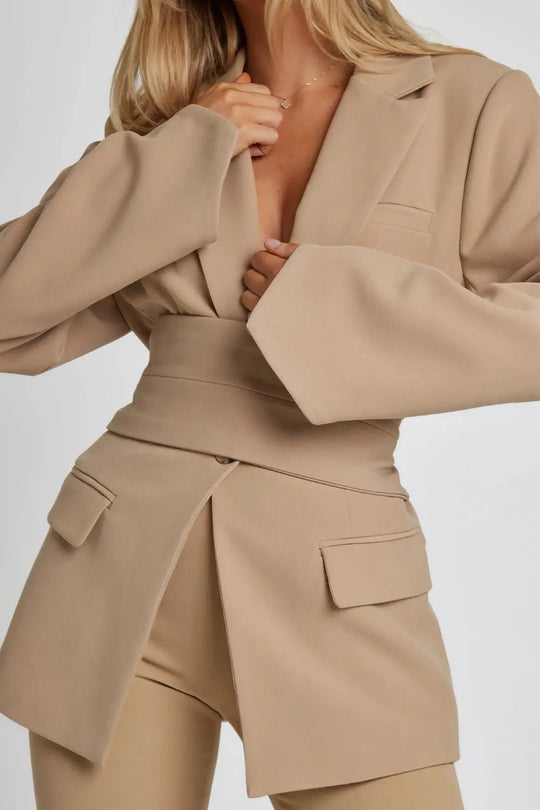 Belted Long Sleeve Blazer for Women Azzoria