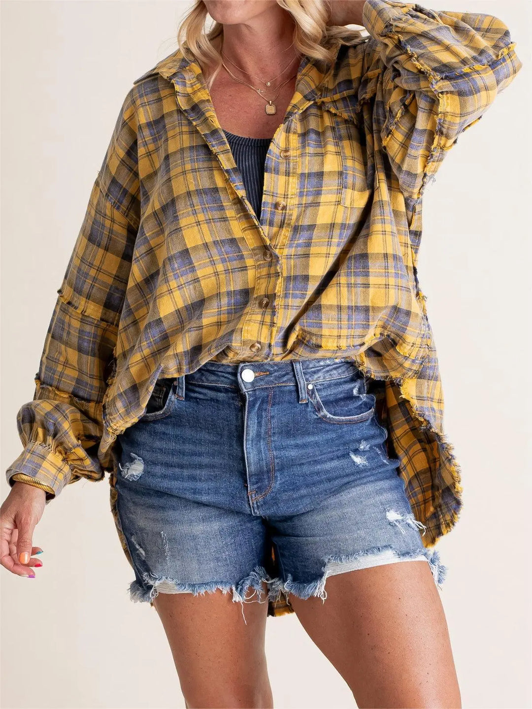 Brushed Check Shirt with Frayed Hem for Women Azzoria