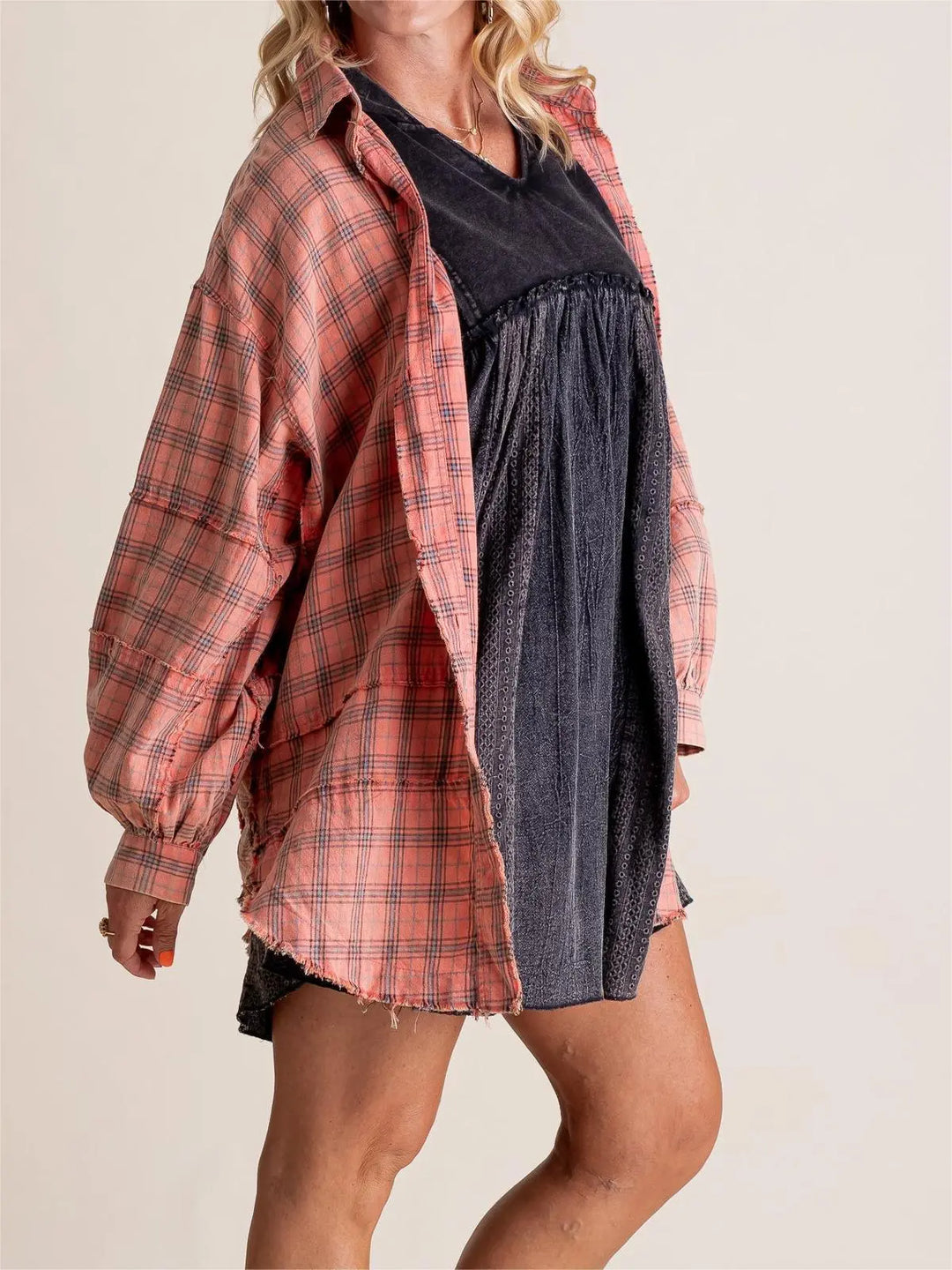 Brushed Check Shirt with Frayed Hem for Women Azzoria
