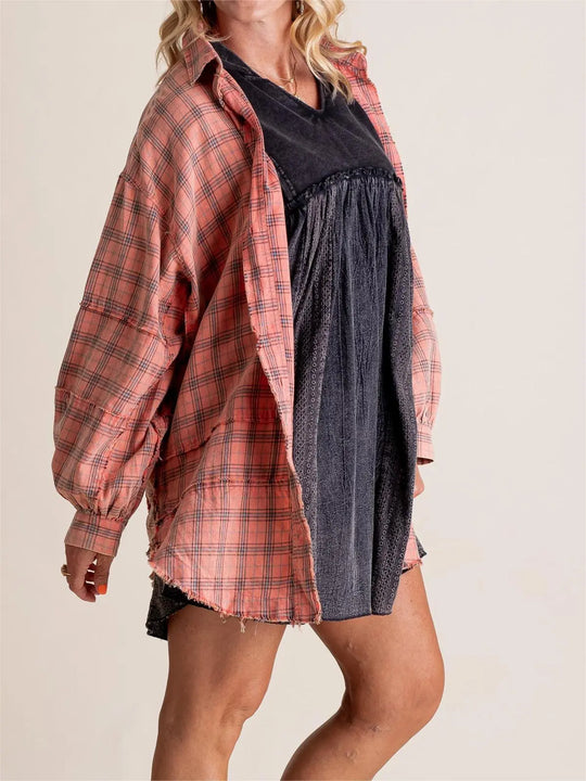 Brushed Check Shirt with Frayed Hem for Women Azzoria