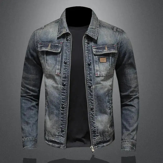 Faded Denim Jacket with Shoulder Epaulettes and Textured Grain – Men’s Fit Azzoria