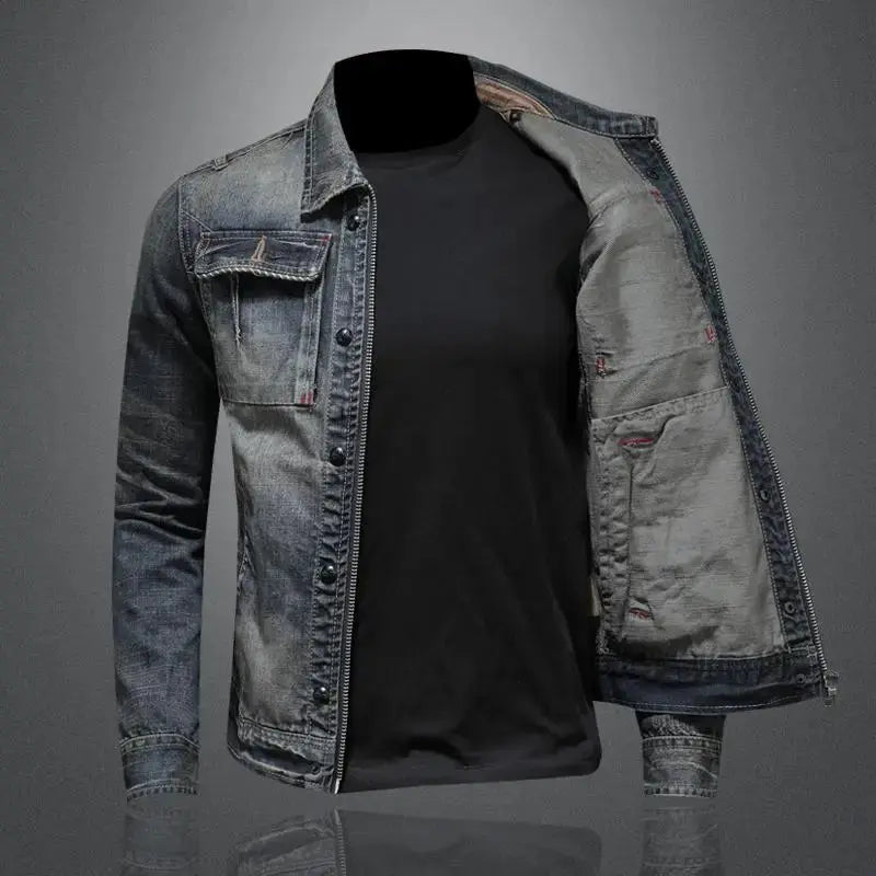 Faded Denim Jacket with Shoulder Epaulettes and Textured Grain – Men’s Fit Azzoria