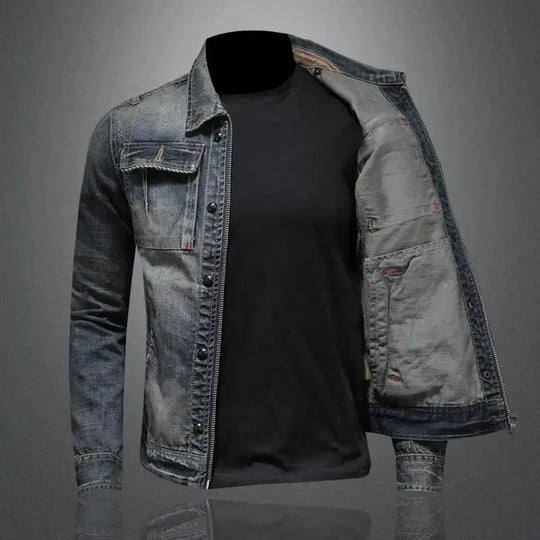 Faded Denim Jacket with Shoulder Epaulettes and Textured Grain – Men’s Fit Azzoria