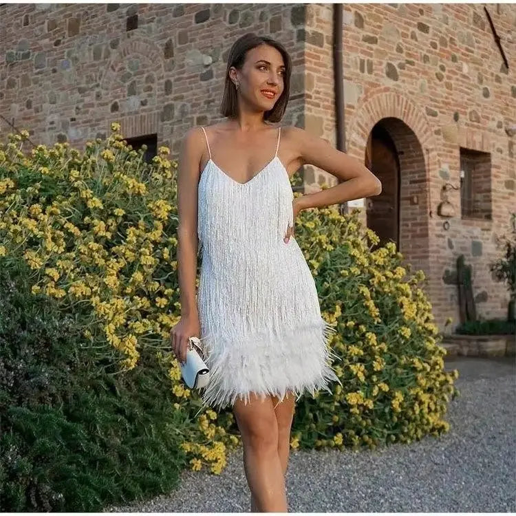 Feather Trim Fringe Mini Dress for Women Azzoria