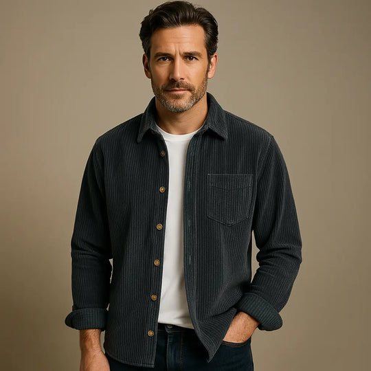 Fine-Ribbed Button-Up Shirt for Men Azzoria