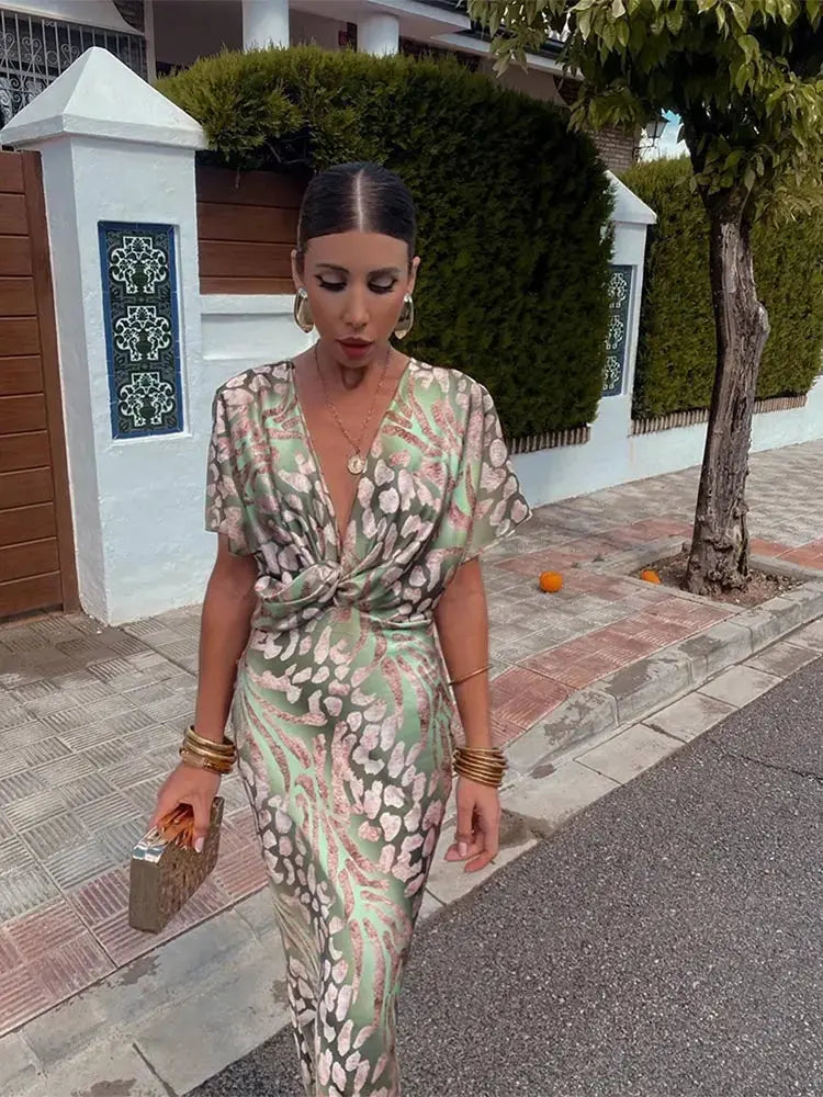 Gloss Finish Twist Midi Dress for Women Azzoria