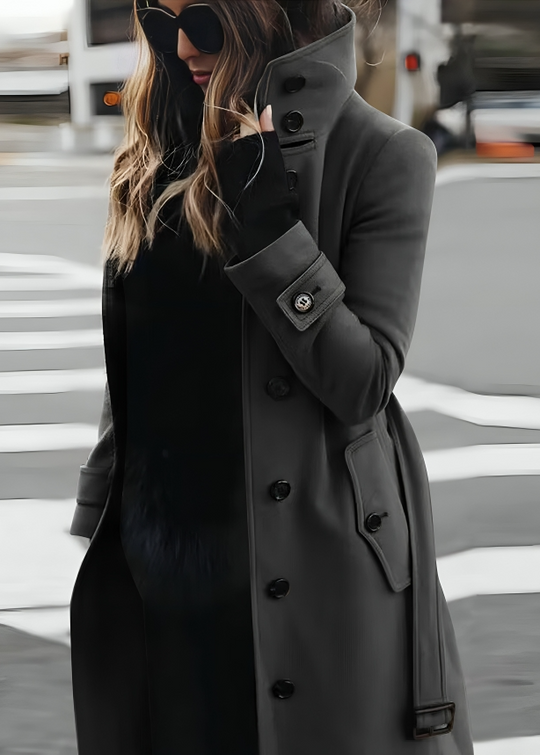 High Collar Tie-Belt Long Coat for Women