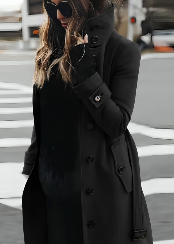 High Collar Tie-Belt Long Coat for Women