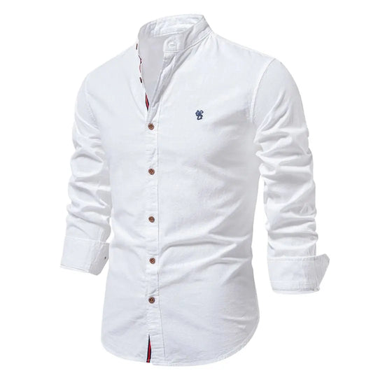 Mandarin Collar Shirt with Straight Hem and Minimal Texture – for Men Azzoria