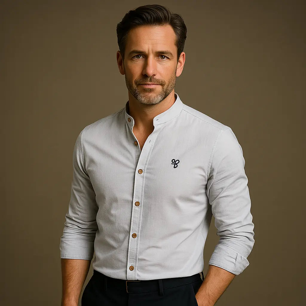 Mandarin Collar Shirt with Straight Hem and Minimal Texture – for Men Azzoria
