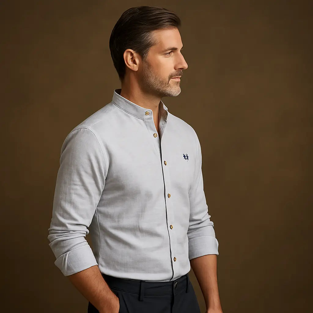 Mandarin Collar Shirt with Straight Hem and Minimal Texture – for Men Azzoria