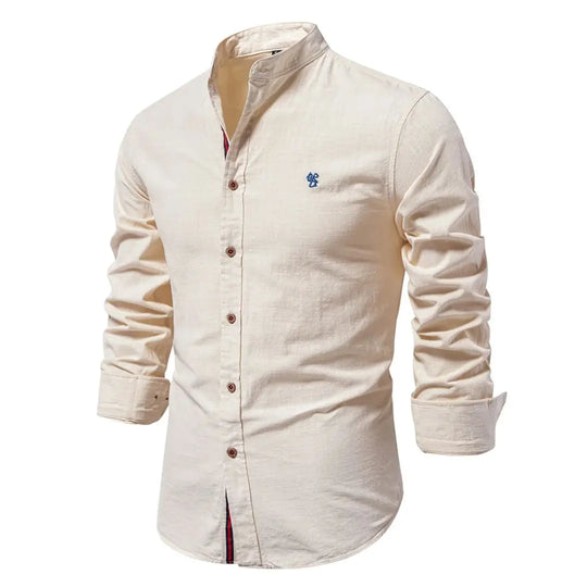 Mandarin Collar Shirt with Straight Hem and Minimal Texture – for Men Azzoria