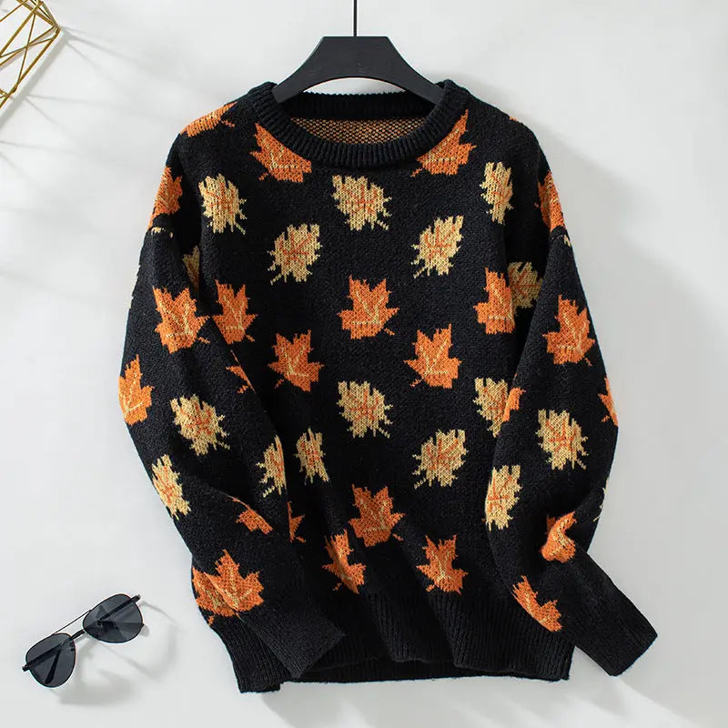 Maple Pattern Knit Pullover for Women Azzoria