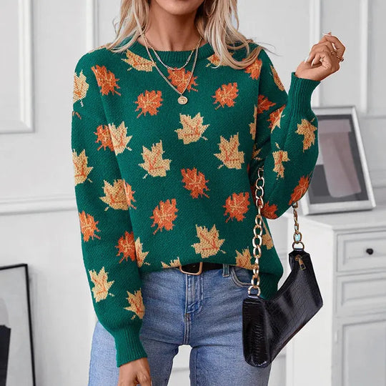 Maple Pattern Knit Pullover for Women Azzoria
