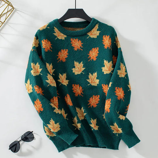 Maple Pattern Knit Pullover for Women Azzoria
