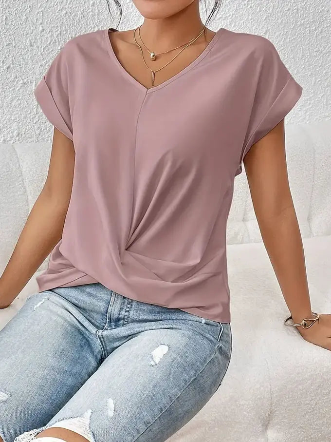 Structured V-Neck Short Sleeve Top for Women Azzoria
