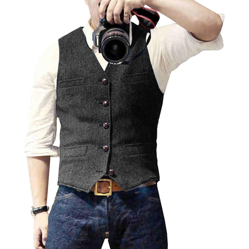 Textured Button Front Slim Fit Vest for Men