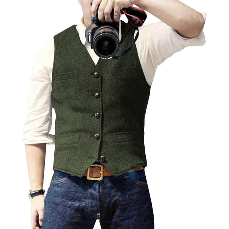 Textured Button Front Slim Fit Vest for Men