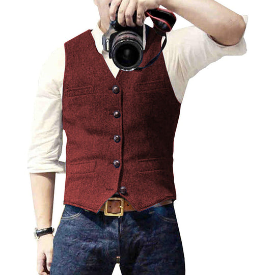Textured Button Front Slim Fit Vest for Men