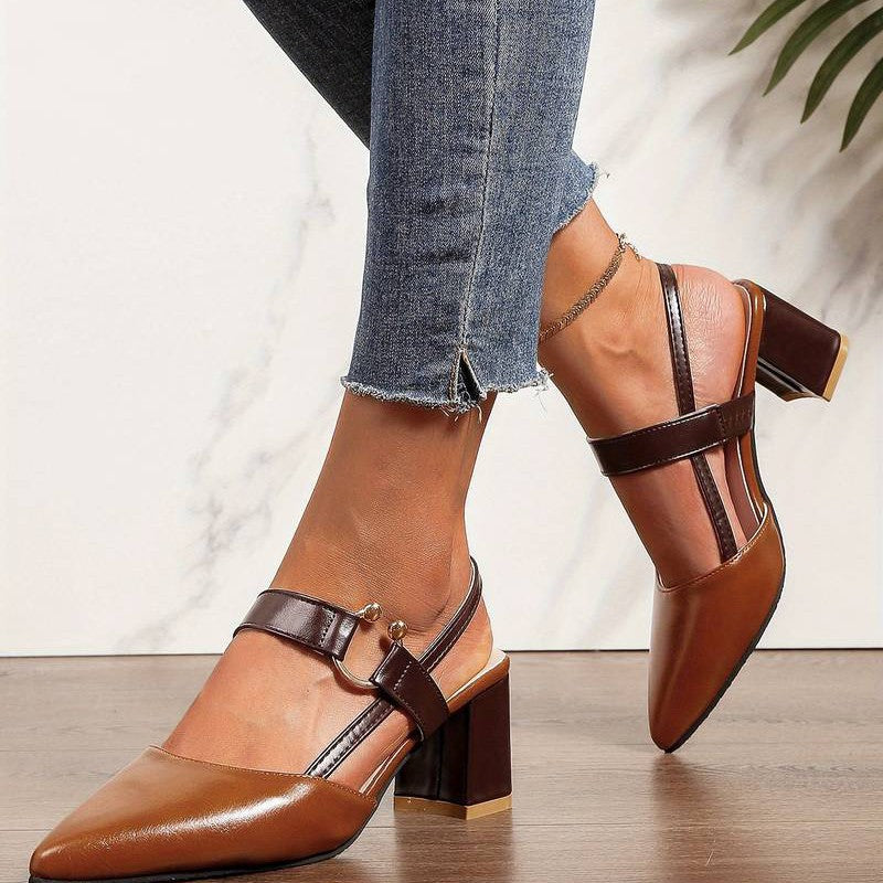 Two-Tone Block Heel Sandals with Buckle Strap