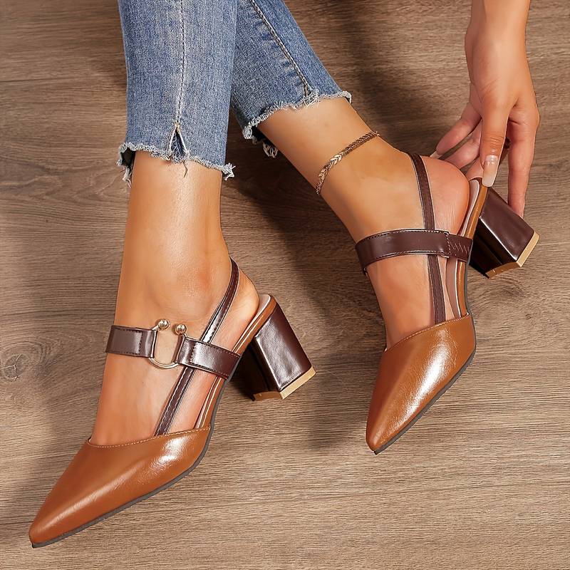 Two-Tone Block Heel Sandals with Buckle Strap
