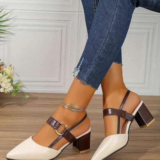 Two-Tone Block Heel Sandals with Buckle Strap