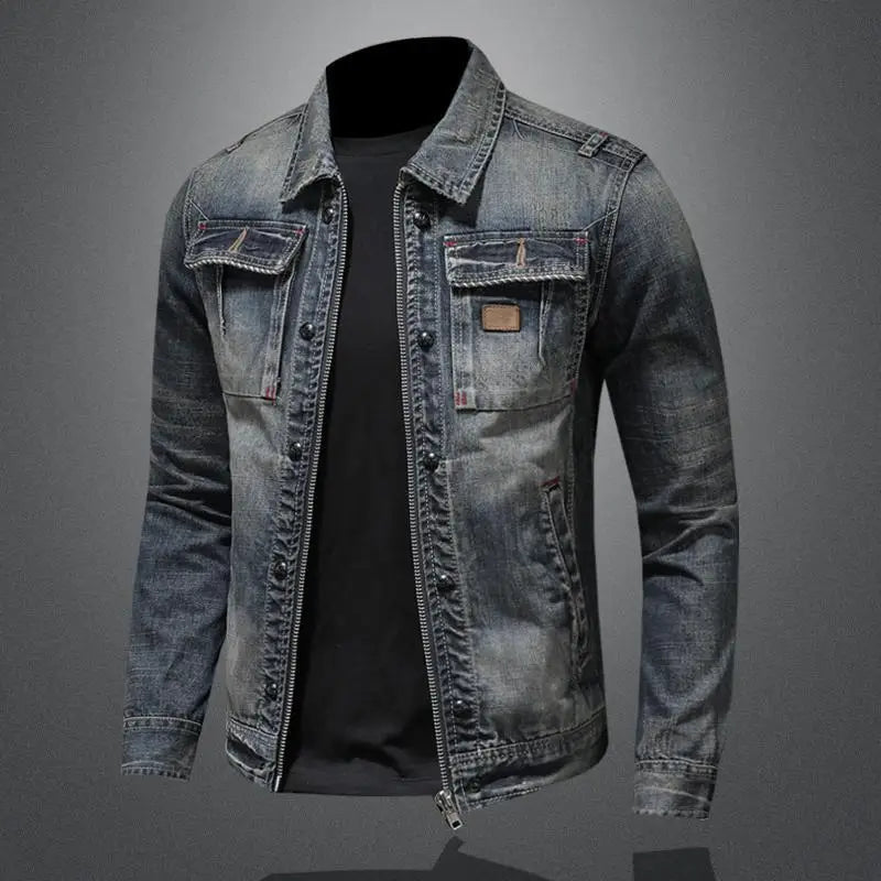 Faded Denim Jacket with Shoulder Epaulettes and Textured Grain – Men’s Fit