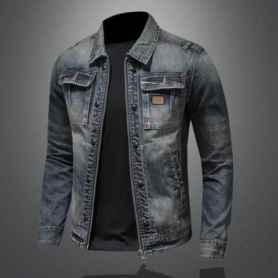 Faded Denim Jacket with Shoulder Epaulettes and Textured Grain – Men’s Fit