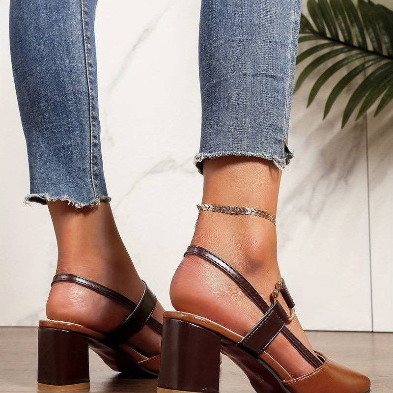 Two-Tone Block Heel Sandals with Buckle Strap