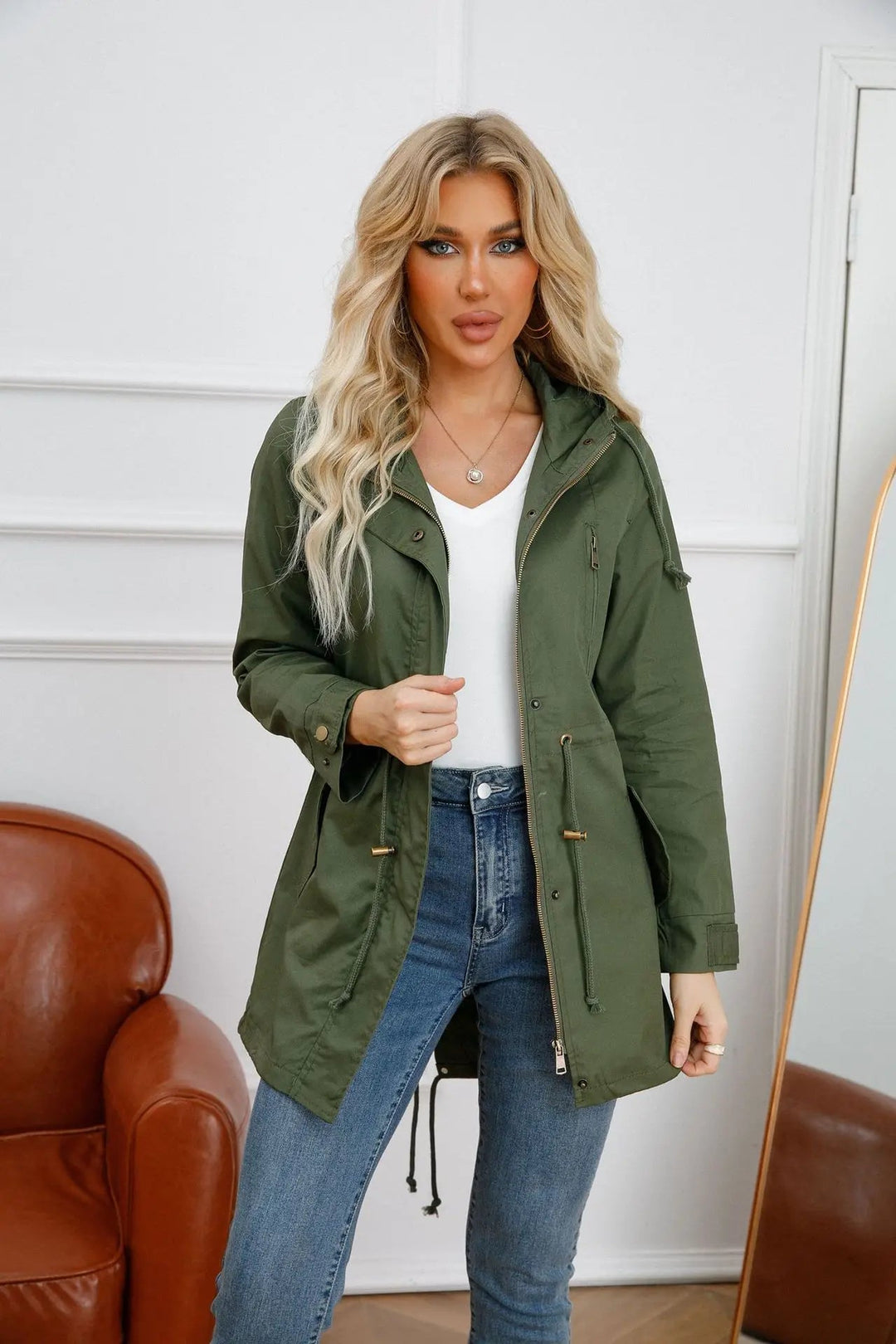 Hooded Parka Jacket with Snap Closure and Adjustable Waist – For Women