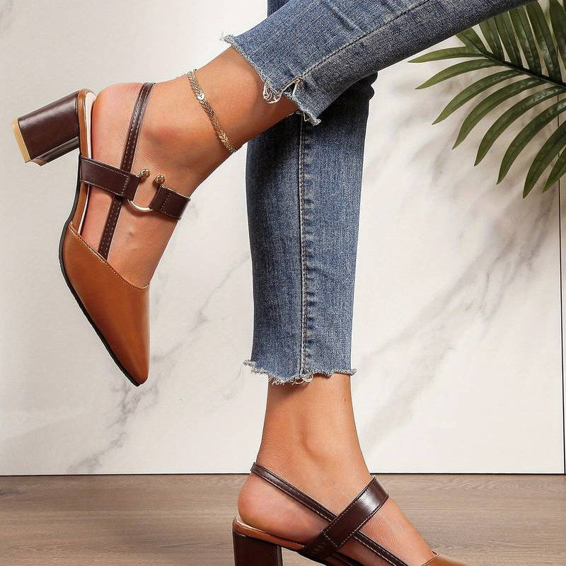 Two-Tone Block Heel Sandals with Buckle Strap