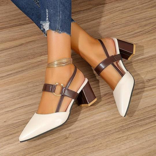 Two-Tone Block Heel Sandals with Buckle Strap