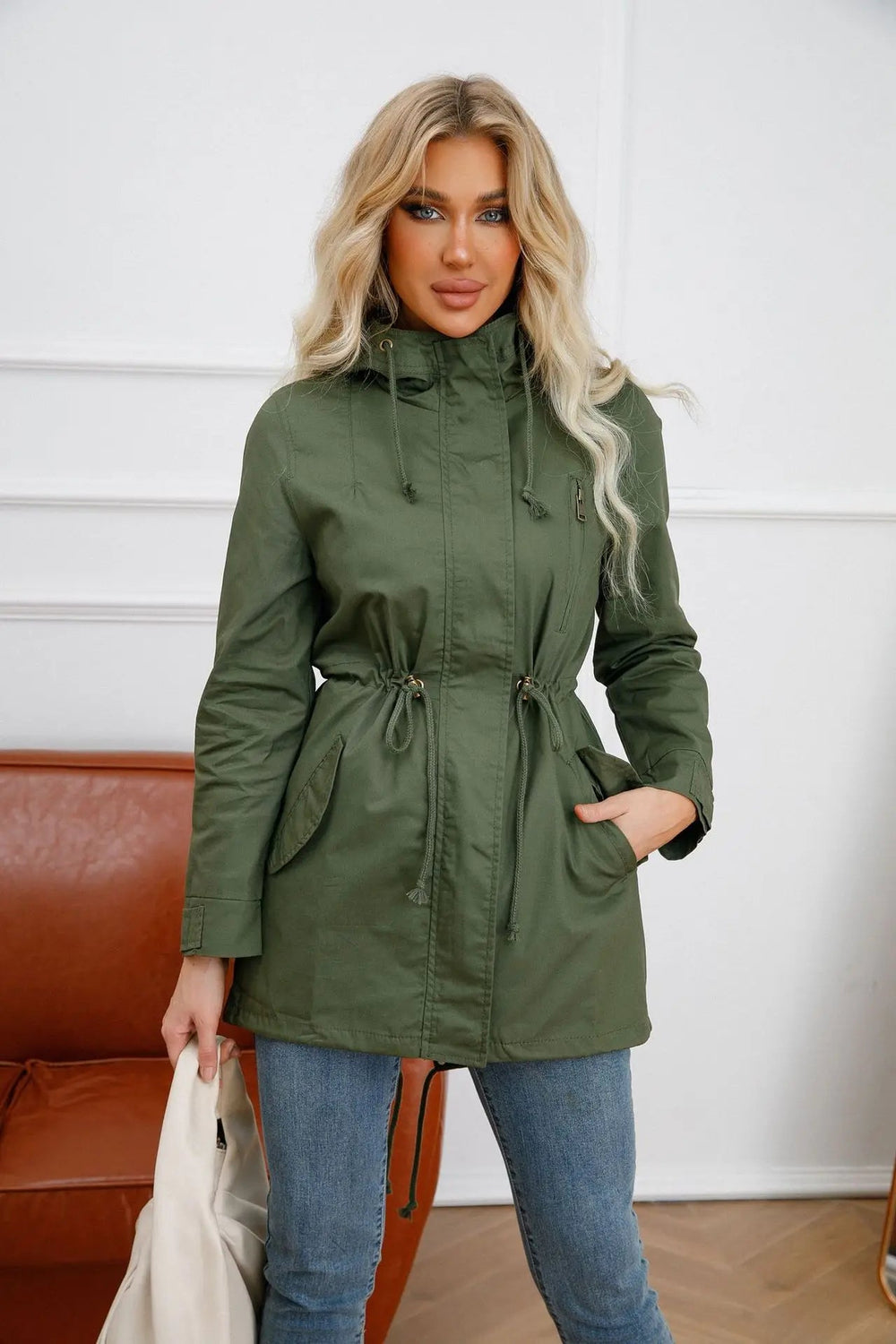 Hooded Parka Jacket with Snap Closure and Adjustable Waist – For Women