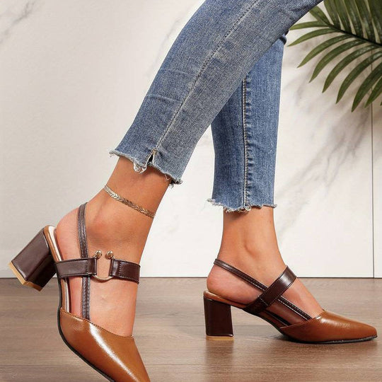 Two-Tone Block Heel Sandals with Buckle Strap