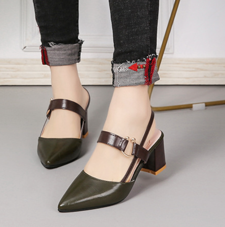 Two-Tone Block Heel Sandals with Buckle Strap