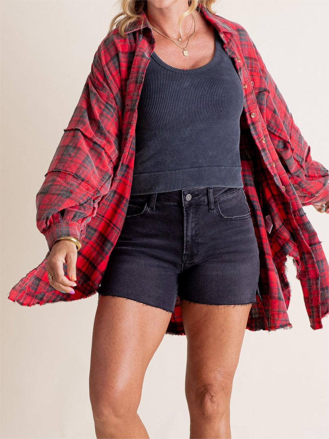 Brushed Check Shirt with Frayed Hem for Women