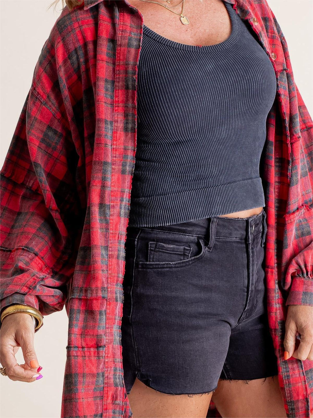 Brushed Check Shirt with Frayed Hem for Women