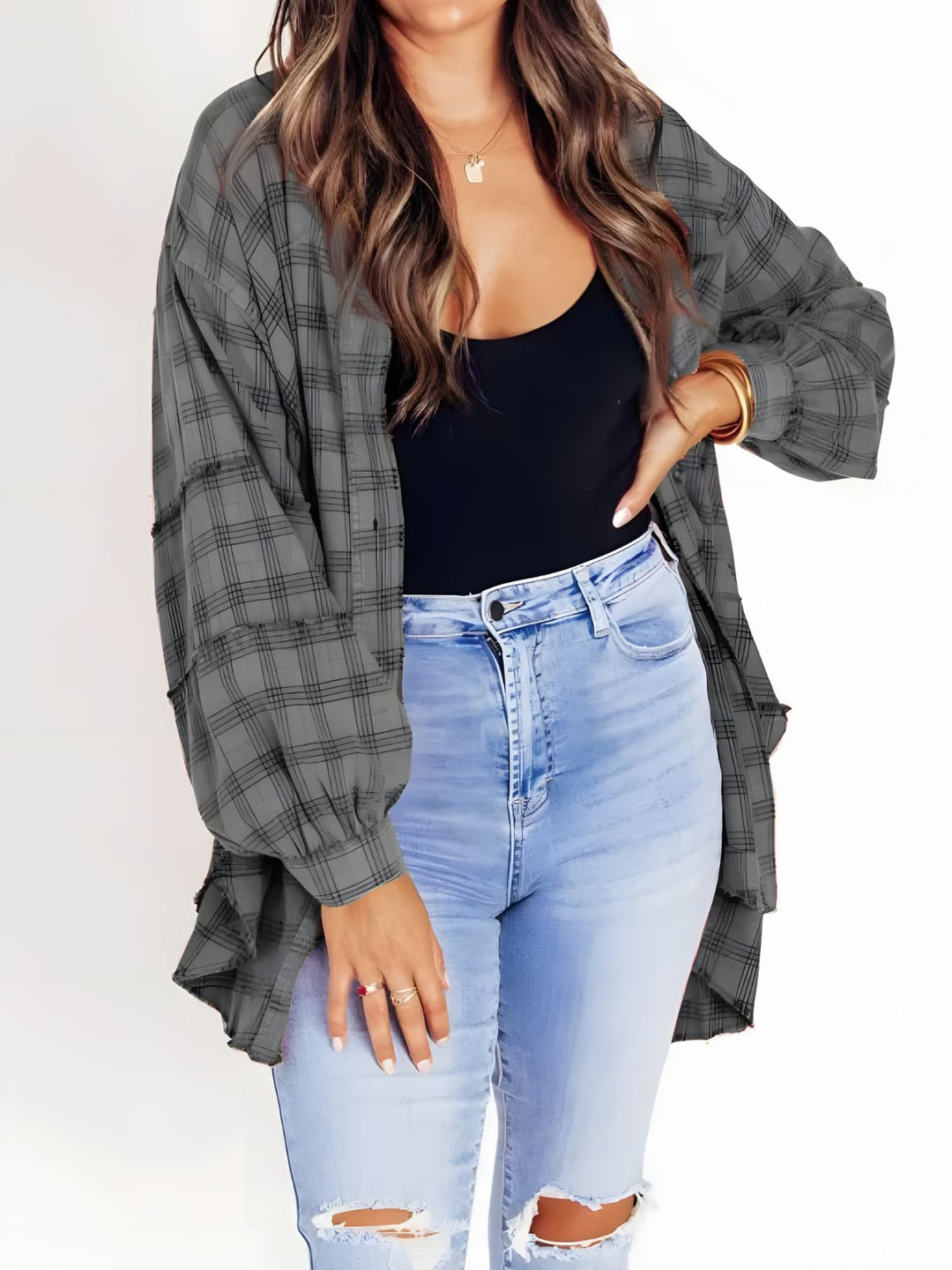 Brushed Check Shirt with Frayed Hem for Women