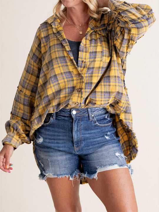 Brushed Check Shirt with Frayed Hem for Women