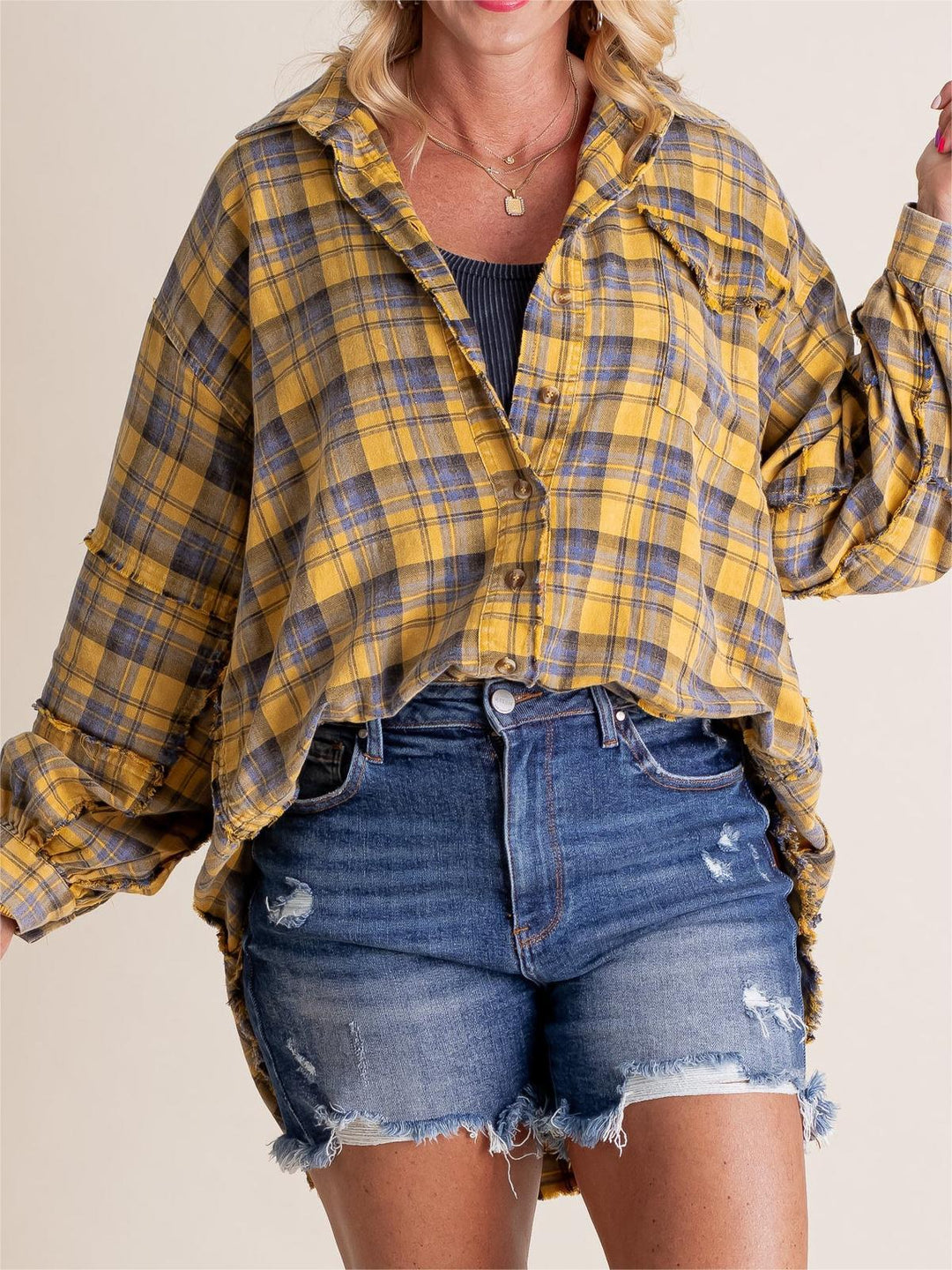 Brushed Check Shirt with Frayed Hem for Women