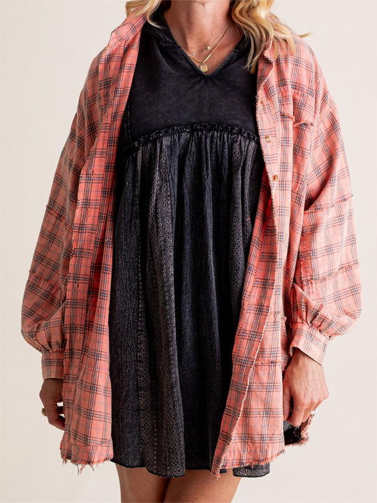 Brushed Check Shirt with Frayed Hem for Women